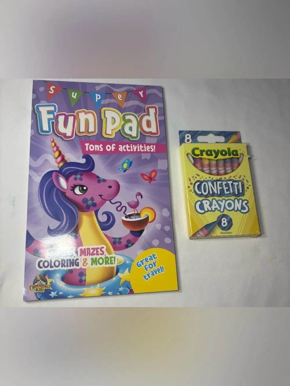 2 New Crayola Confetti Crayons 8-Pack in Bright Yellow Box with Purple Fun Pad